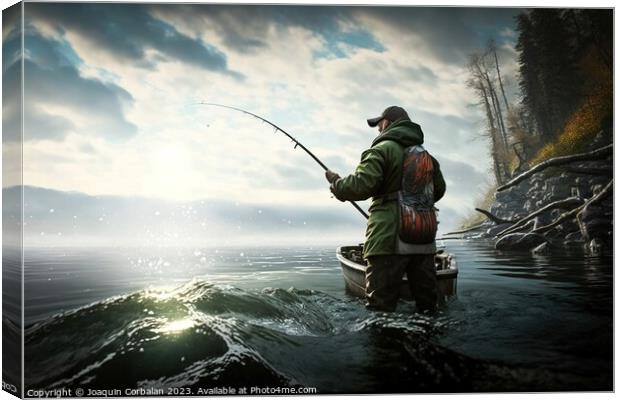A man goes out into the sea to fish with a rod. Ai generated. Canvas Print by Joaquin Corbalan
