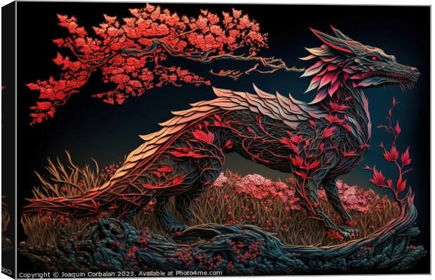 Artistic design of a Chinese millennial dragon, wood textured fo Canvas Print by Joaquin Corbalan
