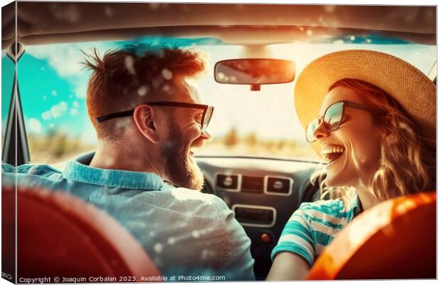 A couple enjoy a weekend car vacation, they laugh while driving. Canvas Print by Joaquin Corbalan