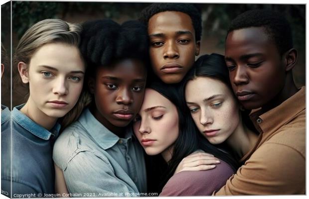 Group portrait of serene embracing multiracial young people. AI  Canvas Print by Joaquin Corbalan