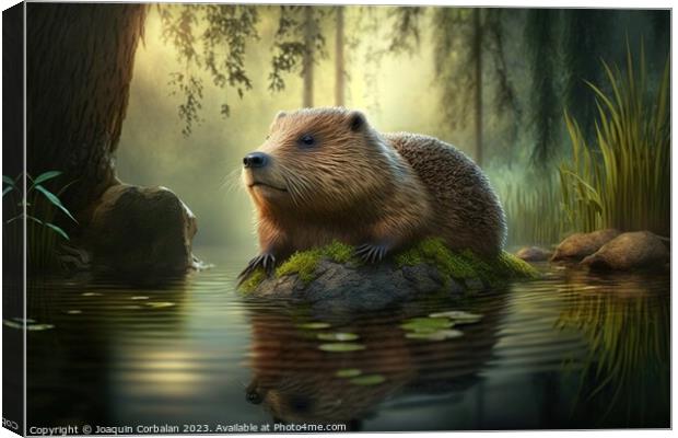 Drawing of a beaver in an American forest. Ai gene Canvas Print by Joaquin Corbalan