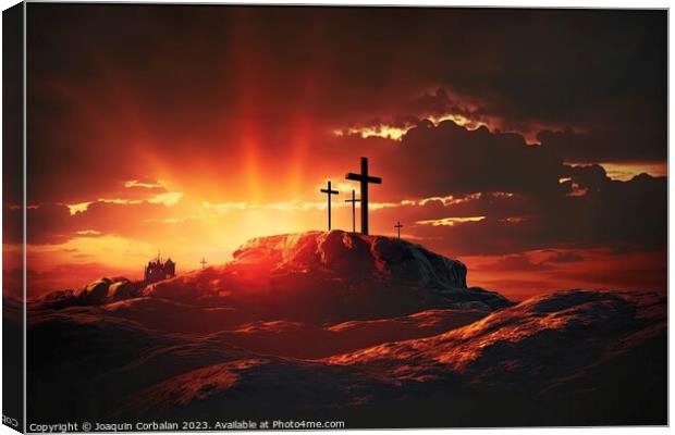 A lone Catholic cross on top of a hill with glowing heavenly ray Canvas Print by Joaquin Corbalan