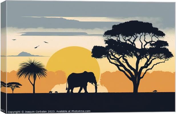 Illustration of sunset in the savannah, silhouette Canvas Print by Joaquin Corbalan