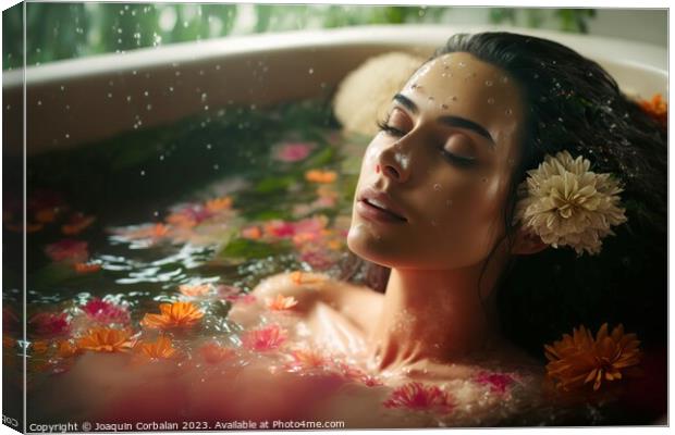 A beautiful young woman enjoys a relaxing floral bath to de-stre Canvas Print by Joaquin Corbalan