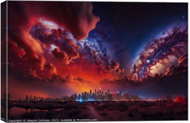 Spectacular night starry sky over a big city, imag Canvas Print by Joaquin Corbalan