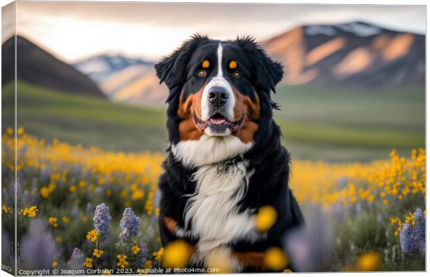 Portrait of a calm dog Bernese in a flowery meadow Canvas Print by Joaquin Corbalan