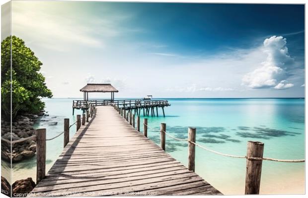 Quiet jetty on a paradisiacal beach overlooking the ocean, with  Canvas Print by Joaquin Corbalan