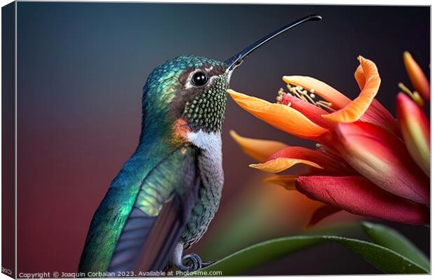 Beautiful brightly colored hummingbird, blurred ba Canvas Print by Joaquin Corbalan