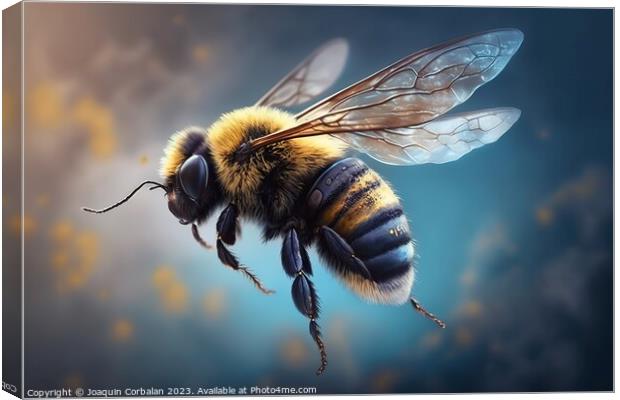 Close-up of a flying bee, blurred and colorful background. Ai ge Canvas Print by Joaquin Corbalan