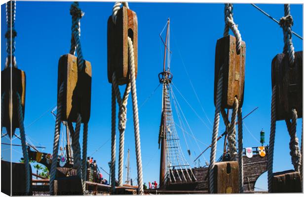 Ropes and rigging of an old caravel, ship of medieval explorers. Canvas Print by Joaquin Corbalan