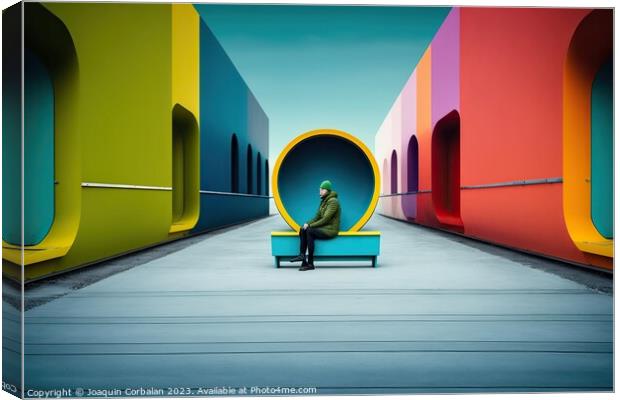 Concept of incongruous loneliness, people alone in a colorful se Canvas Print by Joaquin Corbalan