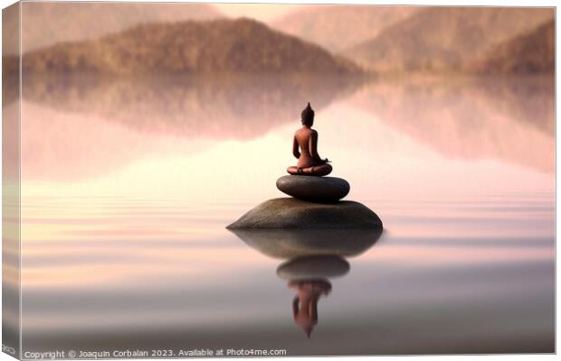 A sculpture with pebbles in a calm lake and a small meditating z Canvas Print by Joaquin Corbalan