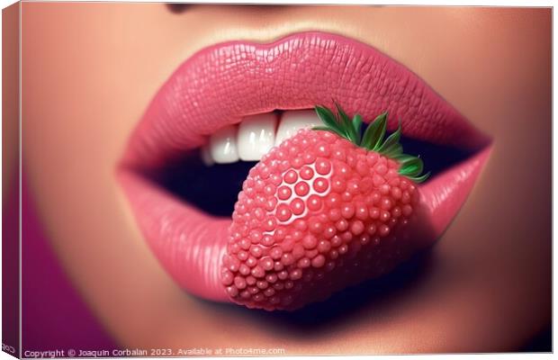 Close-up of a woman's seductive red lips bite a strawberry. Ai g Canvas Print by Joaquin Corbalan