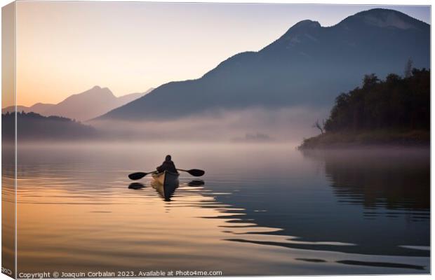 morning mist, a solitary canoe glides upon the tranquil lake. Ai Canvas Print by Joaquin Corbalan