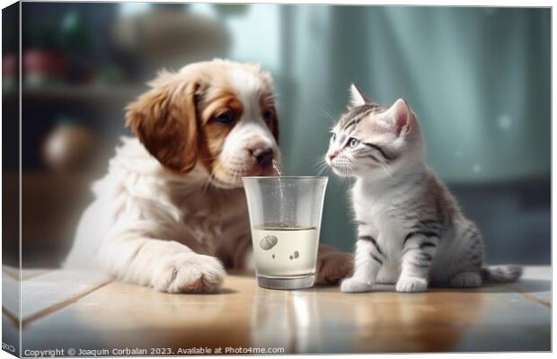 A cat shares its milk with its friend the dog. Ai generated. Canvas Print by Joaquin Corbalan