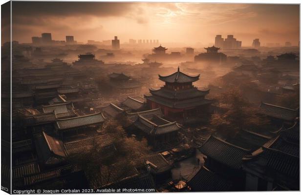 Aerial view, at misty dawn, of the ancient roofs o Canvas Print by Joaquin Corbalan