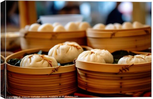 Delicious round boxes with traditional Dim Sum filled with tasty Canvas Print by Joaquin Corbalan