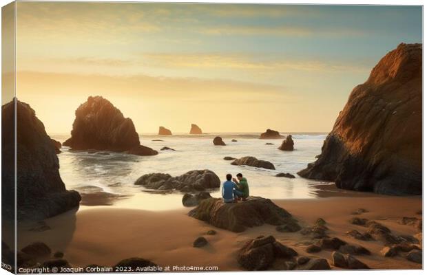 A couple walks among the rocks of a small and hidden beach at da Canvas Print by Joaquin Corbalan
