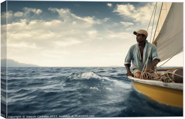 A lonely, handsome man sails his small boat, enjoying the sea br Canvas Print by Joaquin Corbalan