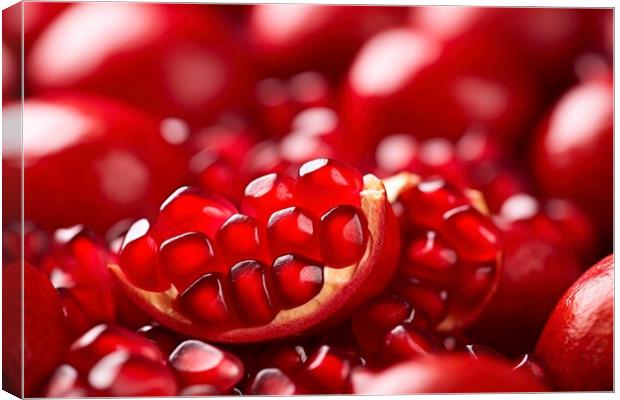 Detail of the red grains of a delicious and juicy pomegranate. A Canvas Print by Joaquin Corbalan