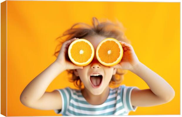 Funny summer boy places two oranges in his eyes as binoculars. A Canvas Print by Joaquin Corbalan