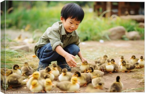 farm boy gently cradles the precious newborn chicks in his hands, savoring the magic of life on the farm. AI Generated Canvas Print by Joaquin Corbalan