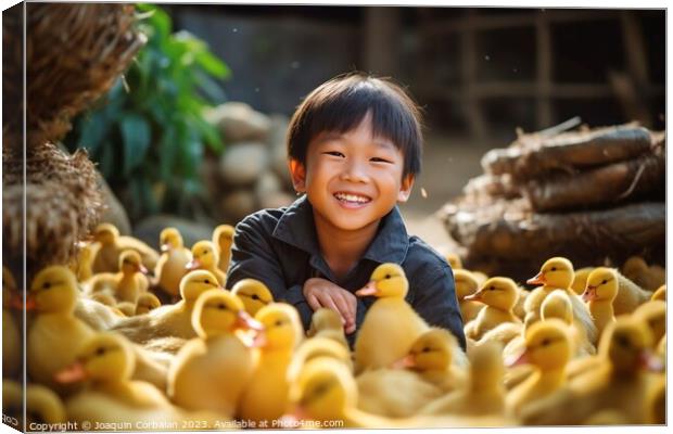 A happy boy on the farm collects the newly hatched chicks. Ai generated. Canvas Print by Joaquin Corbalan