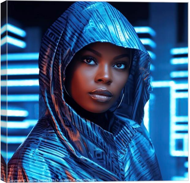 Portrait of a black woman wearing futuristic clothes and neon background. Ai generated. Canvas Print by Joaquin Corbalan