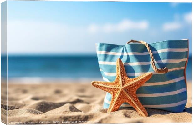 A beach bag with marine decoration, on the sand of a beach. Ai g Canvas Print by Joaquin Corbalan