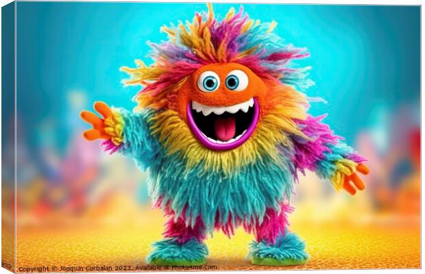 A whimsical and lively fluffy little colored monster dances and laughs on a vibrant background. AI Generated. Canvas Print by Joaquin Corbalan