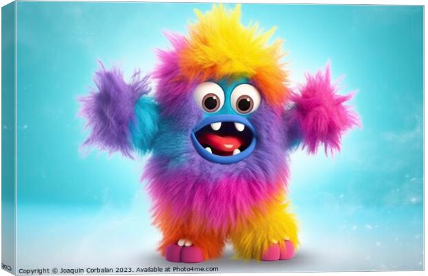 Fluffy little colored monster, dancing and laughing on a colored background. Ai generated. Canvas Print by Joaquin Corbalan