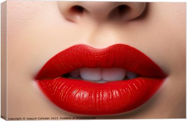 Detail of the red lips of a beautiful woman in a sensual pose. Ai generated. Canvas Print by Joaquin Corbalan