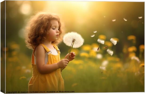 the girl exhales a wish upon a dandelion, unleashing whispers of Canvas Print by Joaquin Corbalan