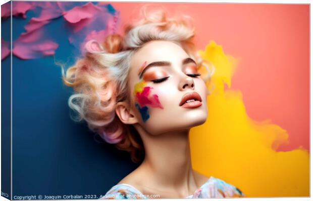 Young female model with colorful makeup against a vibrant painte Canvas Print by Joaquin Corbalan