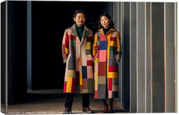 An adult Japanese couple, wearing colorful clothes, posing serious and relaxed Ai generated. Canvas Print by Joaquin Corbalan