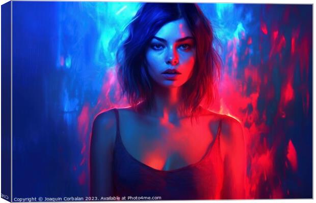 Illustration of a sexy woman wrapped in neon lights and spilled paint. Ai generated. Canvas Print by Joaquin Corbalan