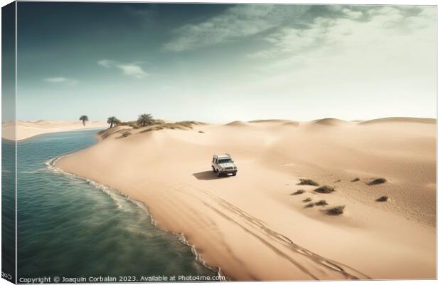 The powerful SUV carves its way through the rolling sand dunes o Canvas Print by Joaquin Corbalan