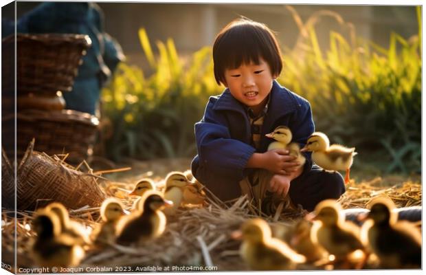 A happy boy on the farm collects the newly hatched chicks. Ai generated. Canvas Print by Joaquin Corbalan