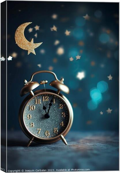 Retro alarm clock on the nightstand, with a background of children's stars. AI generated. Canvas Print by Joaquin Corbalan