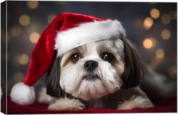 Nice dog with a christmas hat, posing on red backg Canvas Print by Joaquin Corbalan