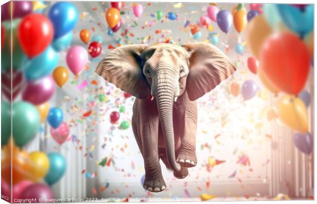 A light elephant floating with colored balloons. A Canvas Print by Joaquin Corbalan