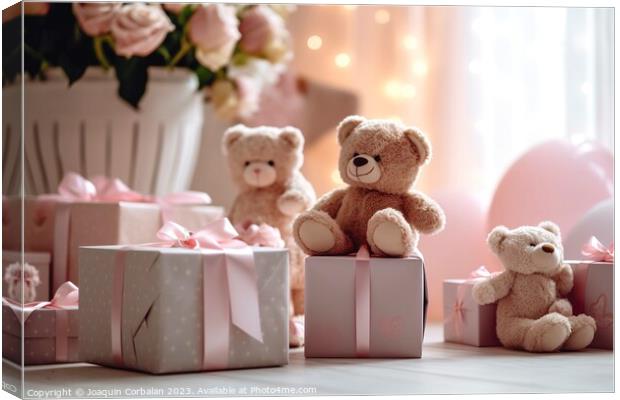 Many gifts in pink boxes and stuffed animals, exce Canvas Print by Joaquin Corbalan