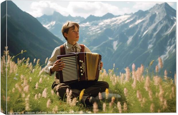 A young boy plays the traditional accordion in Tyr Canvas Print by Joaquin Corbalan