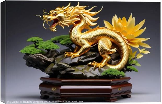 Sculpture of an Asian style golden dragon on a wooden platform. Canvas Print by Joaquin Corbalan