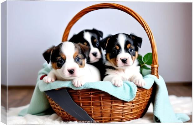 Adorable puppies in a wicker basket. Canvas Print by Joaquin Corbalan