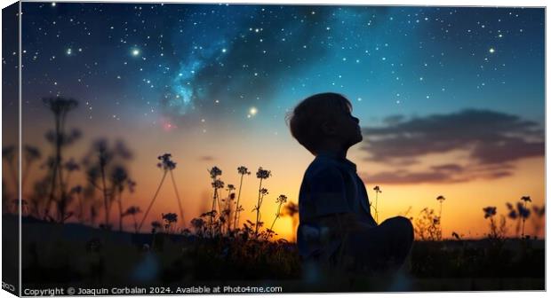 Child observes the stars and constellations in the Canvas Print by Joaquin Corbalan