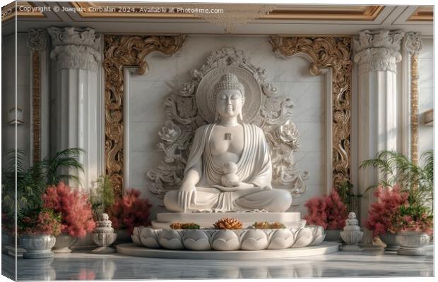 Buddha statue in white marble, with flower offerin Canvas Print by Joaquin Corbalan