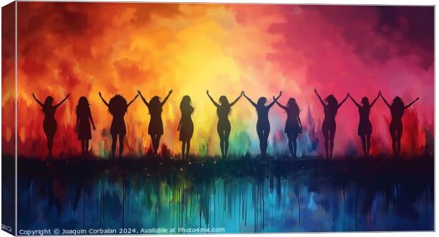 Watercolor, silhouette of several women proudly celebrating international women's day. Canvas Print by Joaquin Corbalan