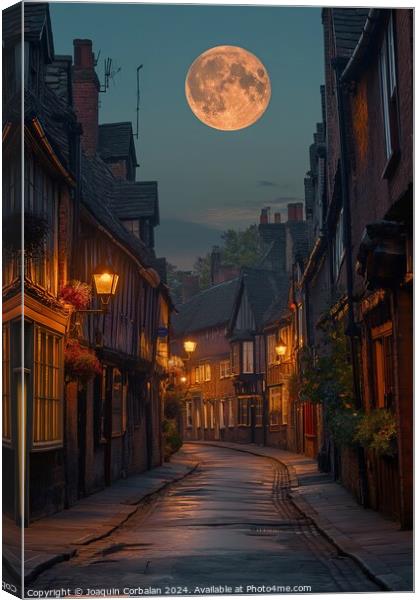 A stunning photo capturing the moment a full moon rises above a bustling city street in Shambles, York North. Canvas Print by Joaquin Corbalan