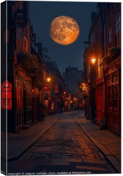 A full moon illuminates the streets of the historic Shambles in York North, casting a soft glow on the old buildings and cobblestone streets. Canvas Print by Joaquin Corbalan